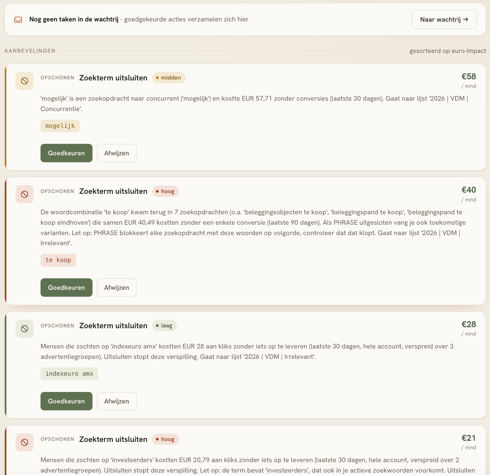 Het TIZA autopilot-dashboard: de AI draagt acties aan zoals verspillende zoektermen uitsluiten, met euro-impact per maand, die je met een klik goedkeurt of afwijst